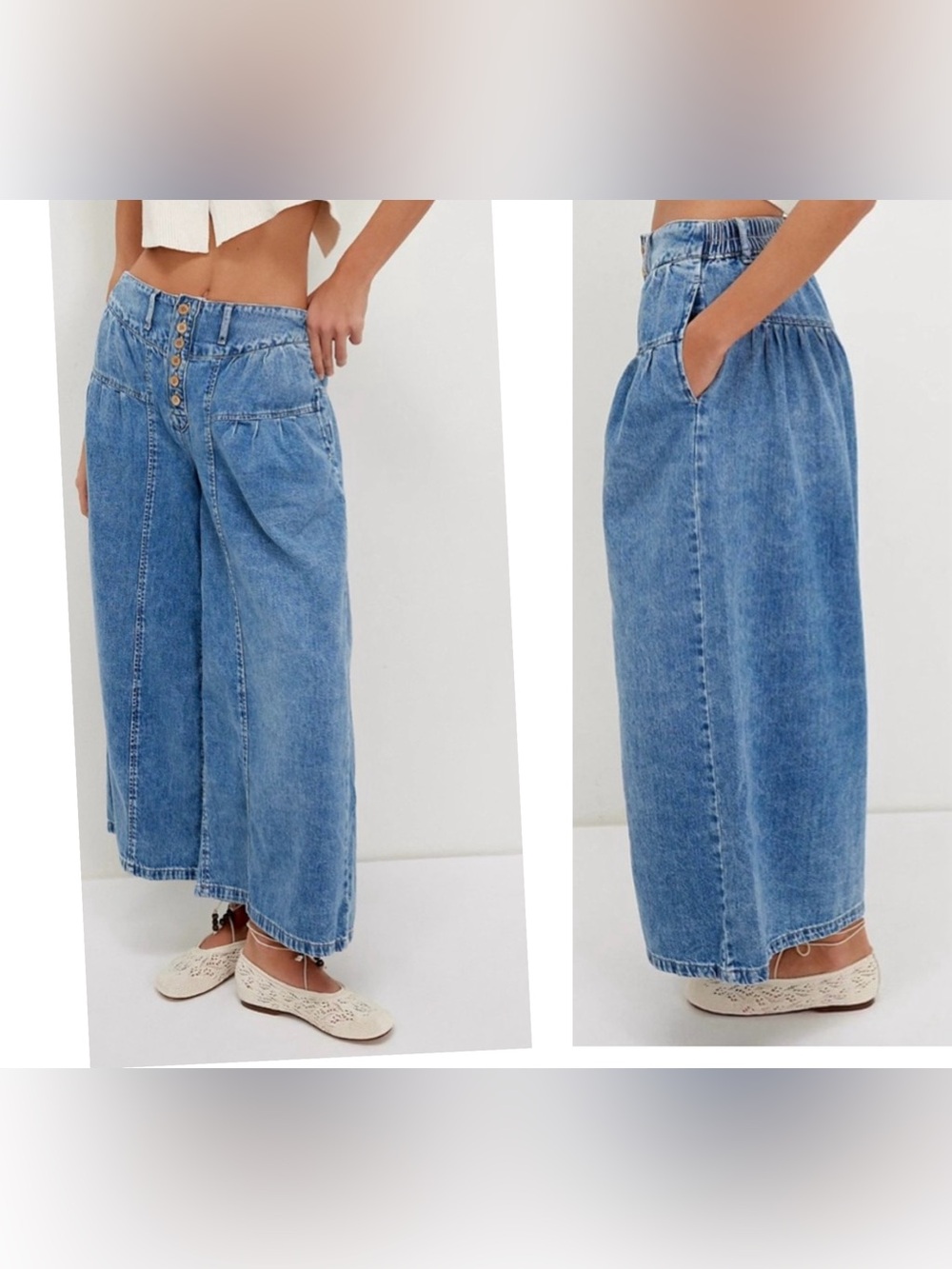 We The Free People Blossom Meadow Pull-On Wide Leg Jeans Cropped Boho Size XS